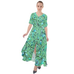 Green Flowers Waist Tie Boho Maxi Dress