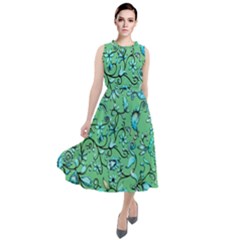 Green Flowers Round Neck Boho Dress