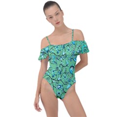 Green Flowers Frill Detail One Piece Swimsuit