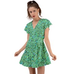 Green Flowers Flutter Sleeve Wrap Dress