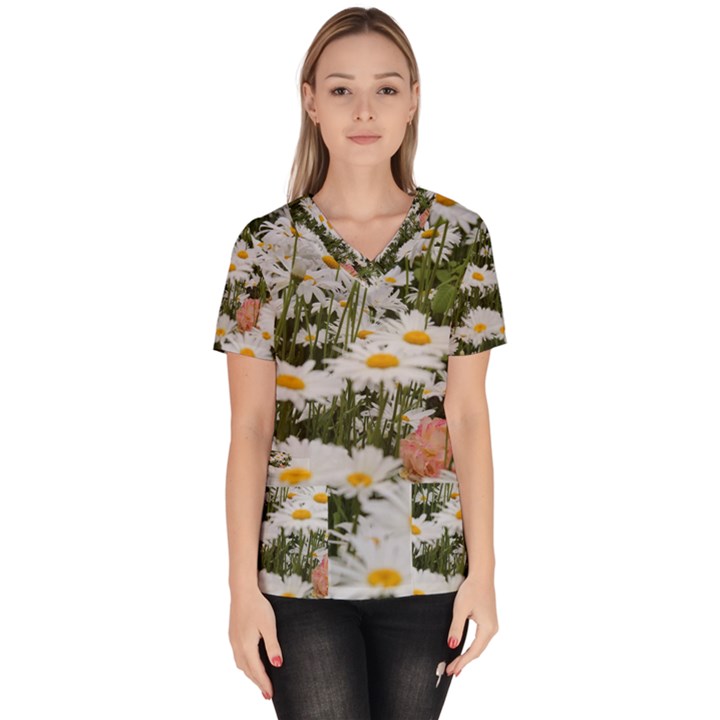 Champs de marguerites Women s V-Neck Scrub Top