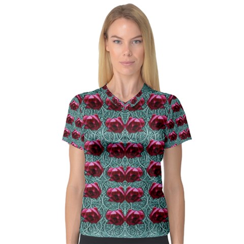 Forest Roses On Decorative Wood V-neck Sport Mesh Tee by pepitasart