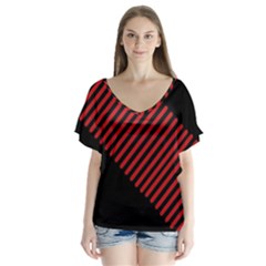 Bandes Lignes Rouge V-neck Flutter Sleeve Top by kcreatif