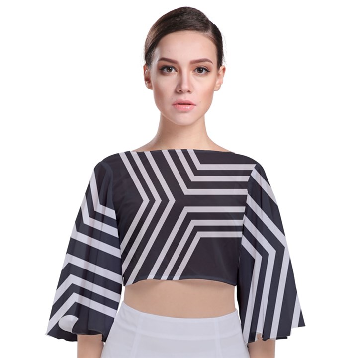 Abstrait Lignes Blanc/Gris Tie Back Butterfly Sleeve Chiffon Top