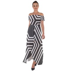 Abstrait Lignes Blanc/gris Off Shoulder Open Front Chiffon Dress