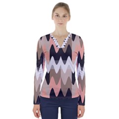 Pattern Abstrait Vagues Rose/noir/taupe V-neck Long Sleeve Top by kcreatif