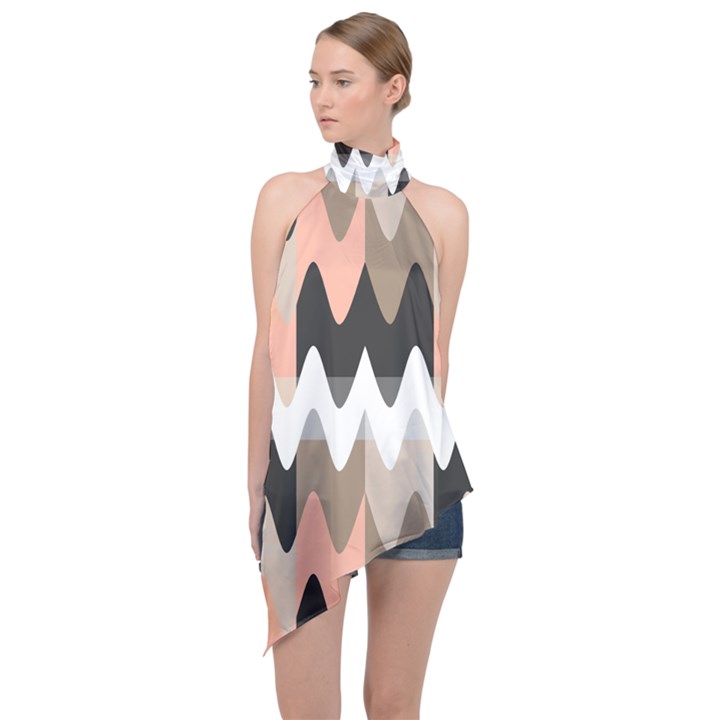 Pattern Abstrait Vagues Rose/Noir/Taupe Halter Asymmetric Satin Top