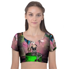 Cute Little Harlequin Velvet Short Sleeve Crop Top  by FantasyWorld7