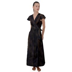 Abstrait Lignes Marron Flutter Sleeve Maxi Dress