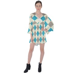 Background Graphic Wallpaper Stylized Colorful Fun Geometric Design Decor V-neck Flare Sleeve Mini Dress