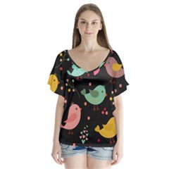 Birds Cute Pattern Background V-neck Flutter Sleeve Top by Vaneshart