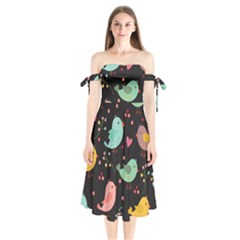 Birds Cute Pattern Background Shoulder Tie Bardot Midi Dress by Vaneshart