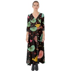 Birds Cute Pattern Background Button Up Boho Maxi Dress by Vaneshart