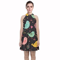 Birds Cute Pattern Background Velvet Halter Neckline Dress 