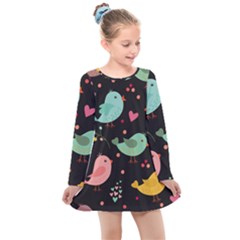 Birds Cute Pattern Background Kids  Long Sleeve Dress by Vaneshart