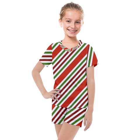 Christmas Color Stripes Kids  Mesh Tee And Shorts Set by Vaneshart