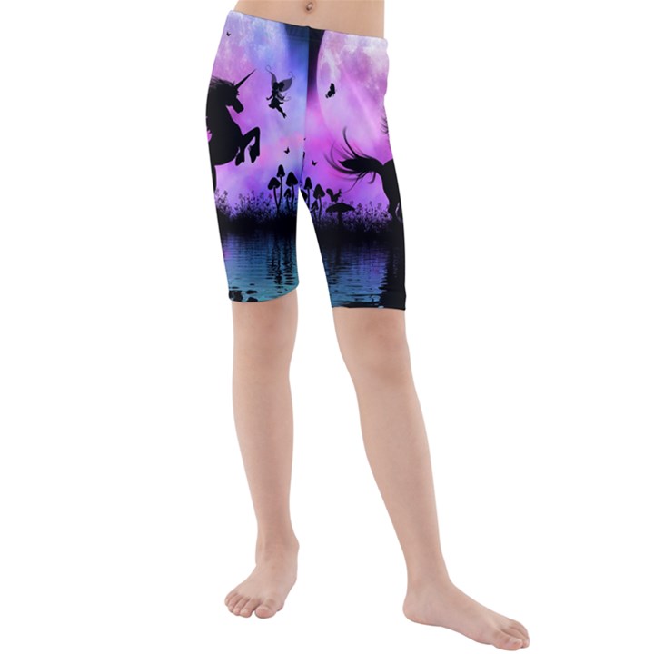 Wonderful Unicorn With Fairy In The Night Kids  Mid Length Swim Shorts