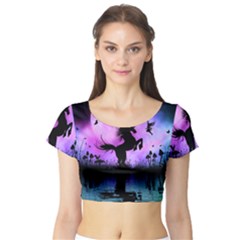 Wonderful Unicorn With Fairy In The Night Short Sleeve Crop Top by FantasyWorld7