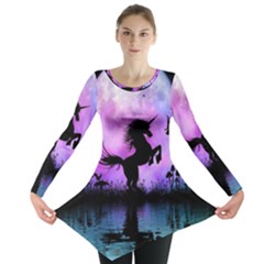 Wonderful Unicorn With Fairy In The Night Long Sleeve Tunic  by FantasyWorld7