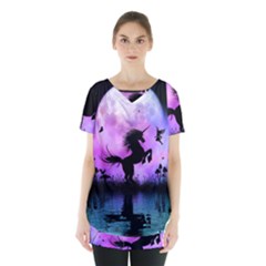 Wonderful Unicorn With Fairy In The Night Skirt Hem Sports Top by FantasyWorld7