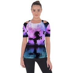 Wonderful Unicorn With Fairy In The Night Shoulder Cut Out Short Sleeve Top by FantasyWorld7