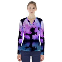 Wonderful Unicorn With Fairy In The Night V-neck Long Sleeve Top by FantasyWorld7