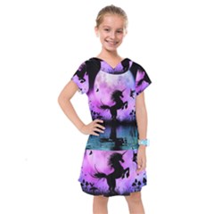 Wonderful Unicorn With Fairy In The Night Kids  Drop Waist Dress by FantasyWorld7