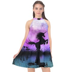 Wonderful Unicorn With Fairy In The Night Halter Neckline Chiffon Dress  by FantasyWorld7