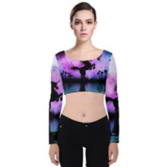 Wonderful Unicorn With Fairy In The Night Velvet Long Sleeve Crop Top by FantasyWorld7