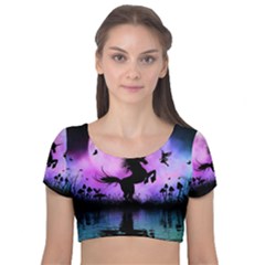 Wonderful Unicorn With Fairy In The Night Velvet Short Sleeve Crop Top  by FantasyWorld7