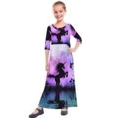 Wonderful Unicorn With Fairy In The Night Kids  Quarter Sleeve Maxi Dress