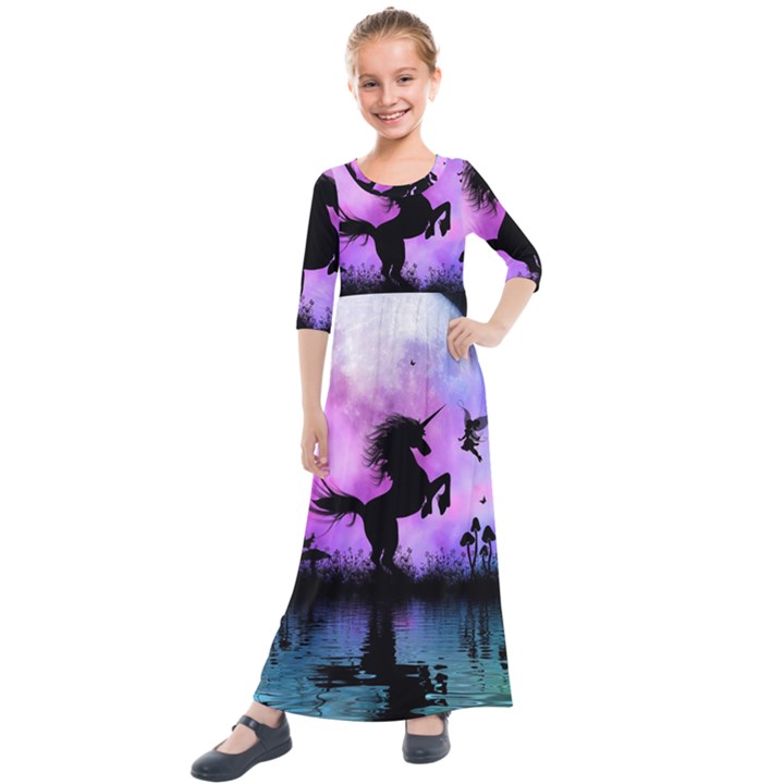 Wonderful Unicorn With Fairy In The Night Kids  Quarter Sleeve Maxi Dress