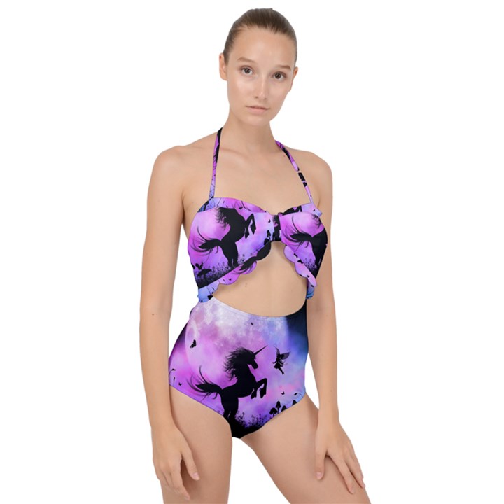 Wonderful Unicorn With Fairy In The Night Scallop Top Cut Out Swimsuit