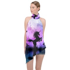 Wonderful Unicorn With Fairy In The Night Halter Asymmetric Satin Top by FantasyWorld7