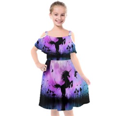 Wonderful Unicorn With Fairy In The Night Kids  Cut Out Shoulders Chiffon Dress by FantasyWorld7