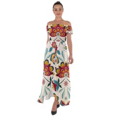 Baatik Print  Off Shoulder Open Front Chiffon Dress