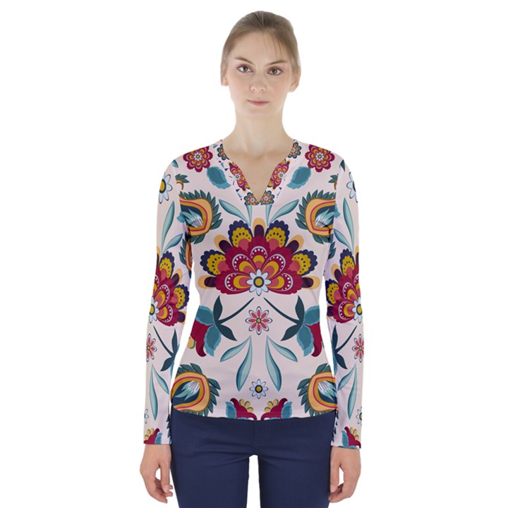 Baatik Print  V-Neck Long Sleeve Top