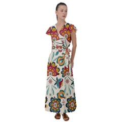 Baatik Print  Flutter Sleeve Maxi Dress