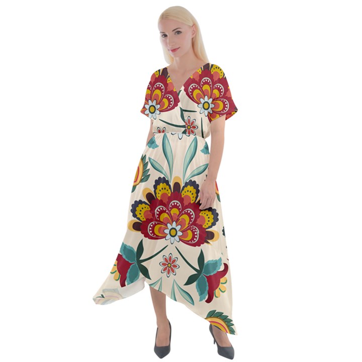 Baatik Print  Cross Front Sharkbite Hem Maxi Dress