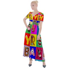 Alphabet Pattern Button Up Short Sleeve Maxi Dress