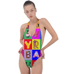 Alphabet Pattern Backless Halter One Piece Swimsuit