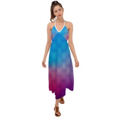 Blue Pink Shade Halter Tie Back Dress 