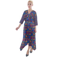 Boho Pattern Quarter Sleeve Wrap Front Maxi Dress