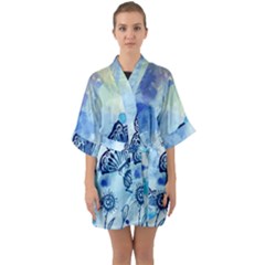 Blue Shaded Design Half Sleeve Satin Kimono  by designsbymallika