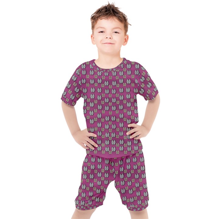 Sweet Fury Cats On Color Kids  Tee and Shorts Set