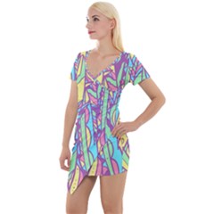 Feathers Pattern Short Sleeve Asymmetric Mini Dress