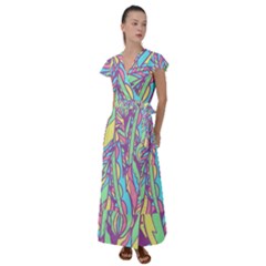 Feathers Pattern Flutter Sleeve Maxi Dress