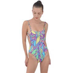 Feathers Pattern Tie Strap One Piece Swimsuit