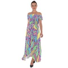 Feathers Pattern Off Shoulder Open Front Chiffon Dress