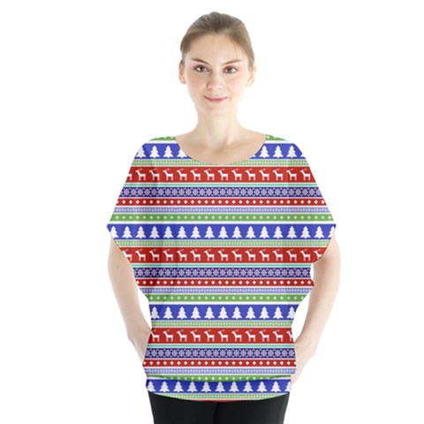 Christmas Color Stripes Pattern Batwing Chiffon Blouse by Vaneshart